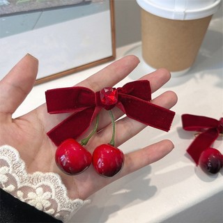 Mới Kẹp Tóc Vải Nhung Đính Nơ Họa Tiết cherry Thời Trang Mùa Đông
