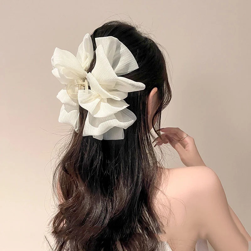 Kẹp Tóc Hình Nơ Lưới Bong Bóng Hai Mặt Màu Trắng Đen Phong Cách Pháp Cổ Điển Thanh Lịch
