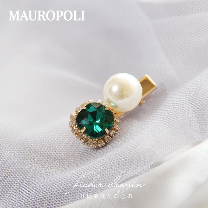 MAUROPOLI [Sẵn Sàng] Cung Điện Tính Khí Retro Ngọc Trai Xanh Kim Cương Giả Kẹp Phẳng Nổ Kẹp Tóc Bên Kim Loại Phụ Kiện Tóc Pha Lê