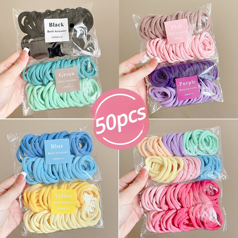 Set 50 Dây Cột Tóc Cao Su Co Giãn Nhiều Màu Phong Cách Hàn Quốc Phụ Kiện Tóc Empoli