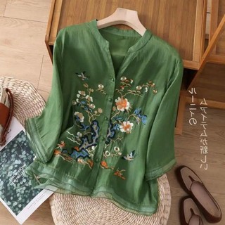 Chất Lượng Cao Retro Mỏng Thêu Áo Sơ Mi Nữ Mùa Hè Organza Giữa Tay Cổ Chữ V Tính Khí Hàng Đầu