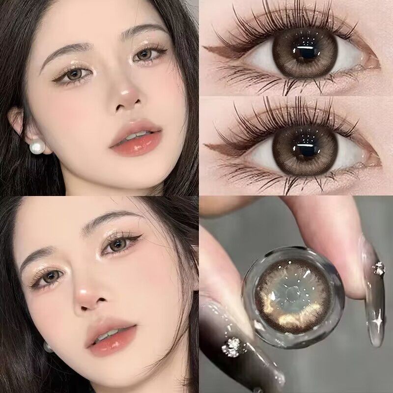 Set 2 Kính Áp Tròng Màu Đen contact lenses 0 ~ -8.00 black len 14.2mm lens cận lens nâu bean black 35