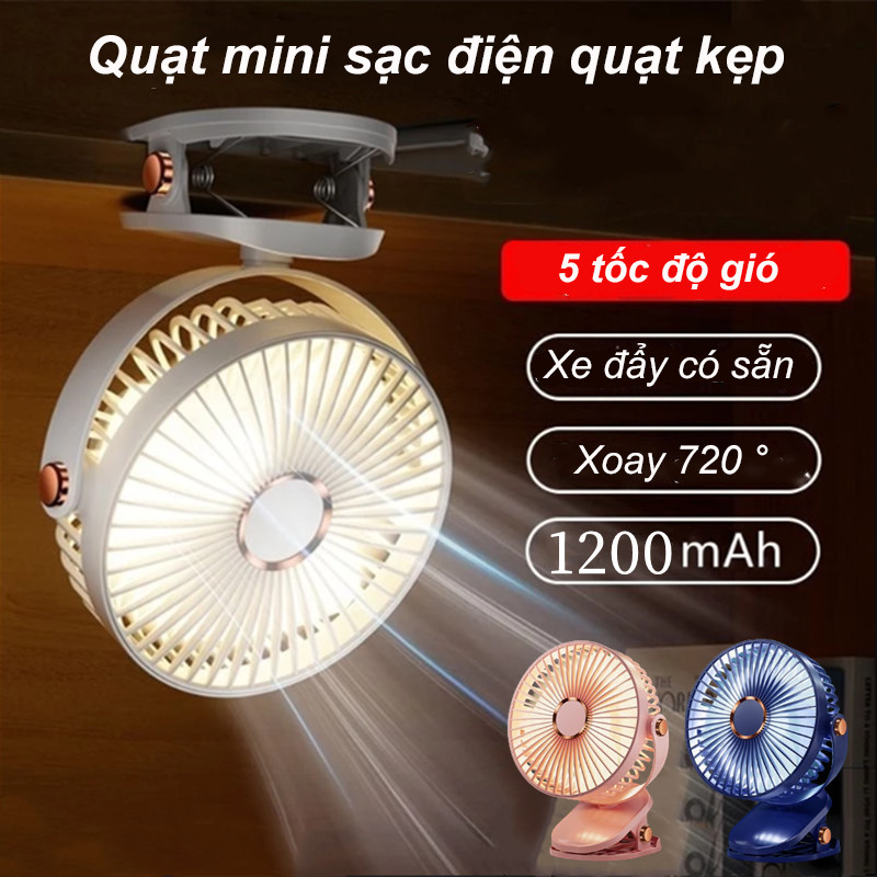 Quạt mini sạc điện 12000 MAH quạt kẹp,Quạt máy tính để bàn, Điều chỉnh tốc độ 5 tốc độ xoay 720°,Sạc Type C + Có đèn
