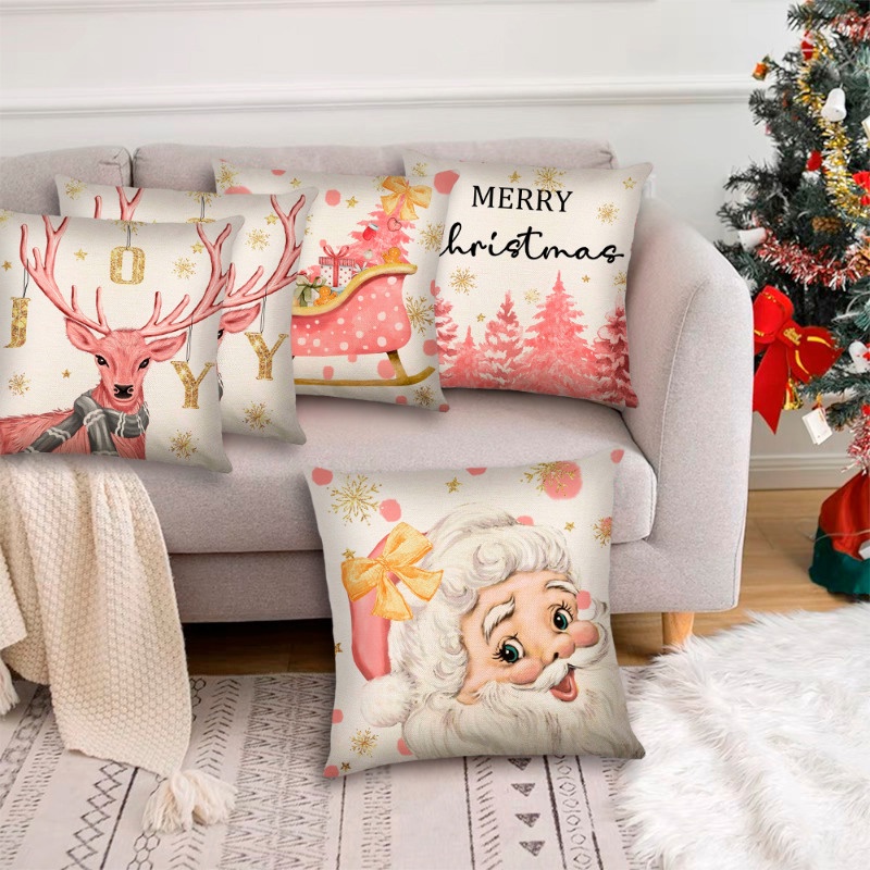 Vỏ Gối sofa Vải Lanh Mềm Thoáng Khí Thoải Mái In Hình Tuần Lộc Màu Hồng Giáng Sinh