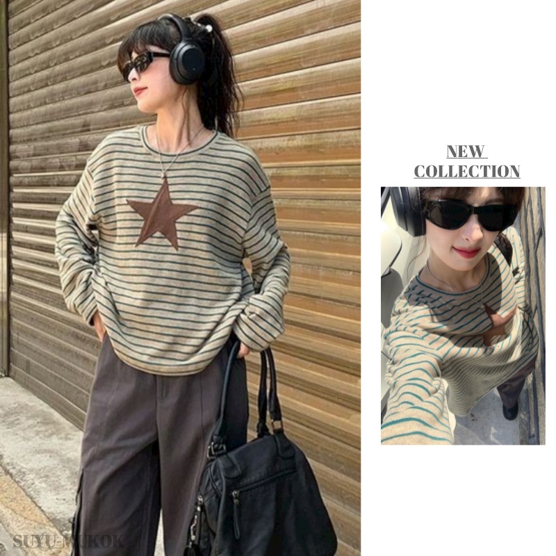 Kii Wii Áo Thun Cổ Tròn Dáng Rộng Kẻ Sọc Ngang Thêu Hình Ngôi Sao Thời Trang Mùa Thu Mới