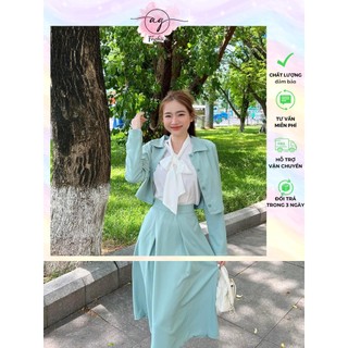 SET 3 MÓN : ÁO KHOÁC NÚT TAY DÀI CROPTOP + ÁO SƠ MI THẮT NƠ + CHÂN VÁY MIDI XANH AG.FASHION