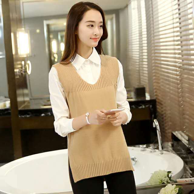 Plus Size Dệt Kim Áo Vest Nữ Cổ Chữ V Mới Không Tay Chiều Dài Giữa Hàn Quốc Đáy Rời