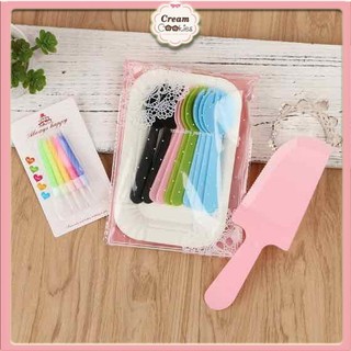 Combo 10 đĩa Giấy + 10 dĩa + 1 Dao + 1 vỉ 10 cây nến, Bộ Dao dĩa nến - Phụ kiện bánh sinh nhật bánh kem