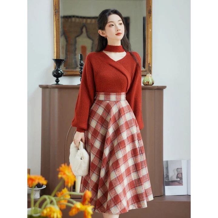 【Bess's house】áo len mongtoghi nữ+váy nữ sang chảnh,chân váy chữ a,áo len nữ,set đồ nữ mùa đông,Set Áo Len Tay Dài Và Chân Váy Họa Tiết Kẻ Sọc Thời Trang Mùa Thu Mới 2023 Dành Cho Bạn Nữ,set nữ quảng