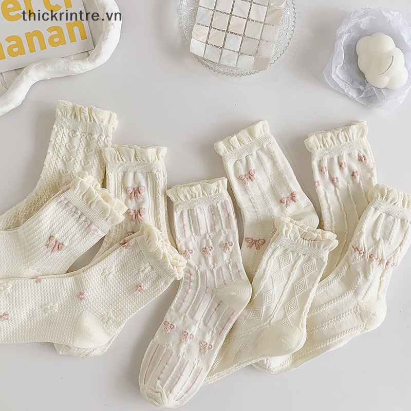 THI Đơn Giản Tất Trắng Đa Năng Đáng Yêu Nơ Nhỏ Hoa Nữ Ống Vừa Tất Bông Tai Kẹp Jk Lolita Bé Gái Cotton VN