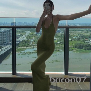 Phụ Nữ Không Tay Dây Cổ Đầm Màu Trơn Lưng Thắt Lưng Bodycon Một Mảnh Đầm Dự Tiệc Cocktail Dài Cắt Thấp