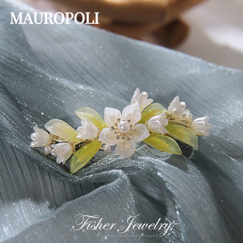 Mauropoli [Sẵn sàng] Đẹp ~ Mũ nón Kẹp tóc hợp kim cao cấp Kẹp tóc trên cùng Kẹp tóc đuôi ngựa Lily of the Valley Kẹp lò xo sang trọng Kẹp tóc đầu sau