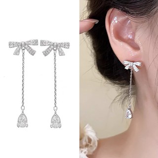 Bông Tai Dáng Dài Đính Nơ Phối Tua Rua Phong Cách Pháp Thời Trang Cao Cấp
