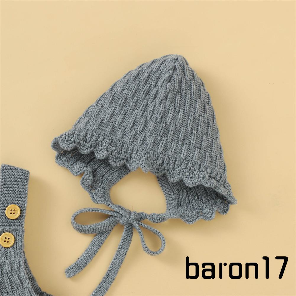 Set đồ 2 món gồm áo liền quần dệt kim cài khuy + mũ thun màu trơn cho bé