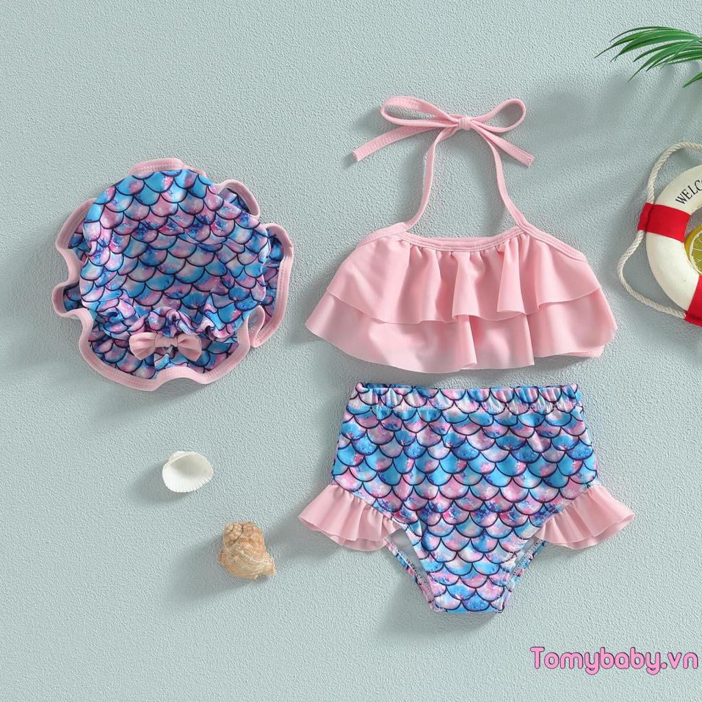 Bộ Đồ Bơi Gồm Áo Không Tay + Quần Ngắn + Mũ Thời Trang Đi Biển Cho Bé Gái