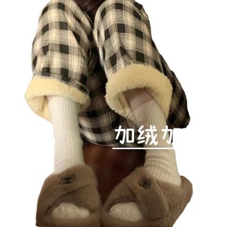 Quần Dài Lưng Cao Ống Rộng Lót Lông Cừu Dày Họa Tiết Kẻ Sọc Thời Trang Mùa Đông Cho Nữ
