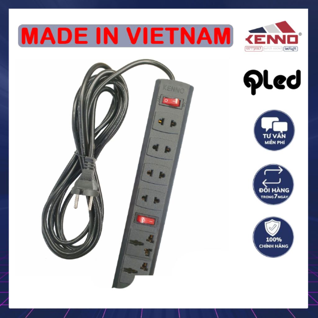 Ổ cắm 6 lỗ lõi sứ Qled/Kenno 4 tròn dẹt và 2 đa năng dây nguồn 2,5m và 4.5m Công suất  2200W