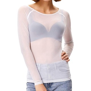 Áo thun nữ CLII xuyên thấu lưới trong suốt Áo dài tay Sheer Slim Tops