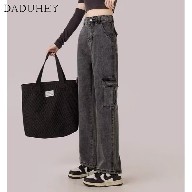 Ảnh DaDuHey New American Style Multi-pocket Work Jeans Niche High Waist Wide Leg Pants plus Size Trousers 3