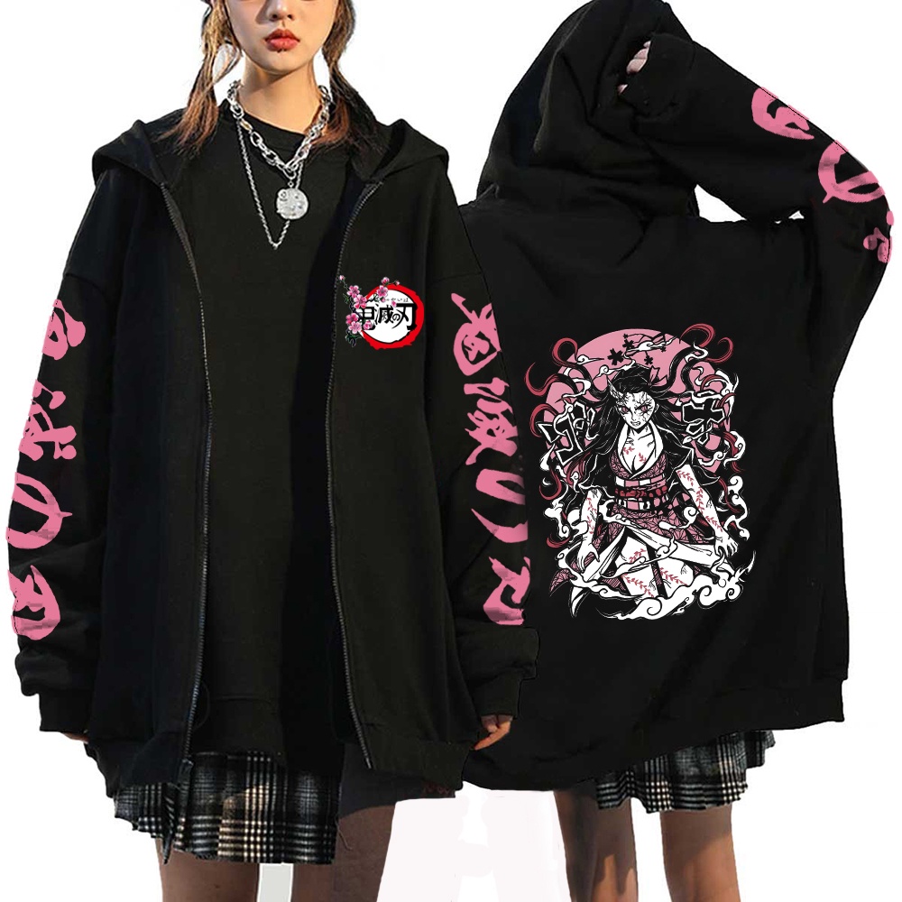Áo Khoác Hoodie Chui Đầu Có Khóa Kéo In Hình demon slayer Nhật Bản kamado nezuko plus size Cho Nữ Thời Trang