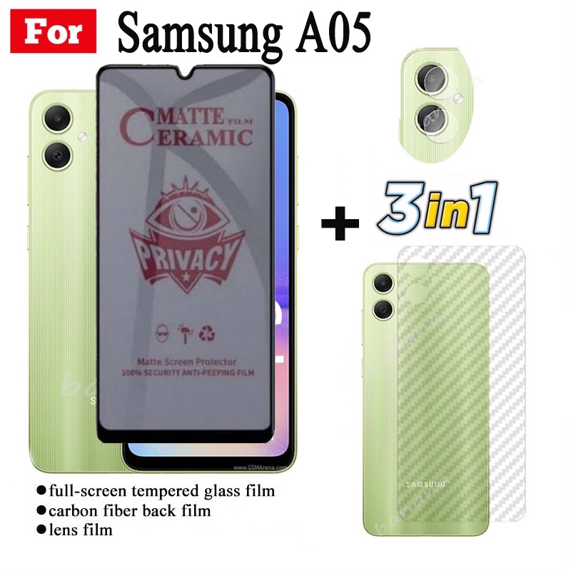 Kính cường lực bảo mật chống gián điệp 3 trong 1 Samsung A05 cho Samsung A05s A04s A14 A04E A54 A34 A13 Phim gốm bảo vệ màn hình và mặt sau