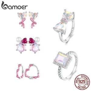 Bamoer Bông Tai Bạc sterling 925 Hình Trái Tim Màu Hồng