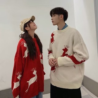Áo sweater Cổ Tròn Dáng Rộng In Hình Tuần Lộc Giáng Sinh Thời Trang Thu Đông Cho Các Cặp Đôi