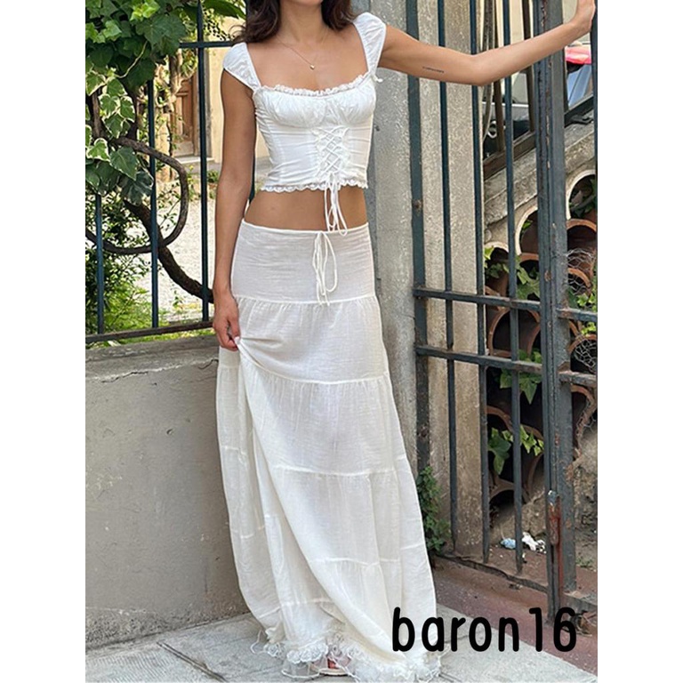 Chân Váy Dài Lưng Thấp Cột Dây Thời Trang Kiểu Pháp Xinh Xắn Cho Nữ