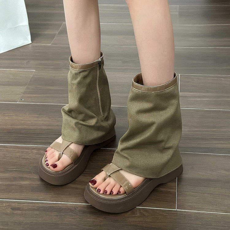Dép sandal cao cổ vải canvas phong cách Y2K mới của Hàn Quốc, dép Roman, gót vừa, đế dày, mũi nhọn, có khóa kéo, dép Ulzzang đa năng, chống trượt, bền, cho kỳ nghỉ hè, sinh viên