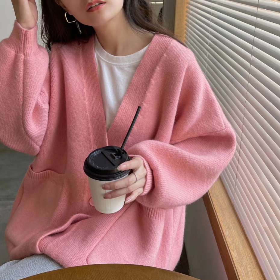 Áo Khoác cardigan Dệt Kim Dáng Rộng Cổ Chữ v Thời Trang Thu Đông Hàn Quốc Mới áo sweater áo len nữ