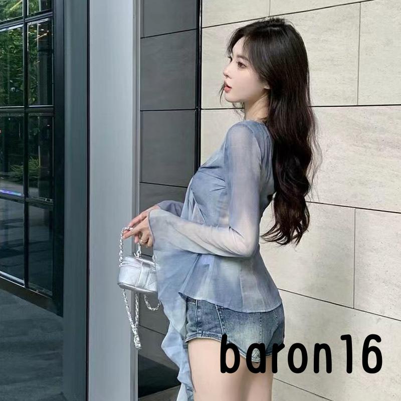 Risz Áo crop Top Tay Dài Cổ Chữ v Nhuộm Màu Thời Trang Phong Cách 90s