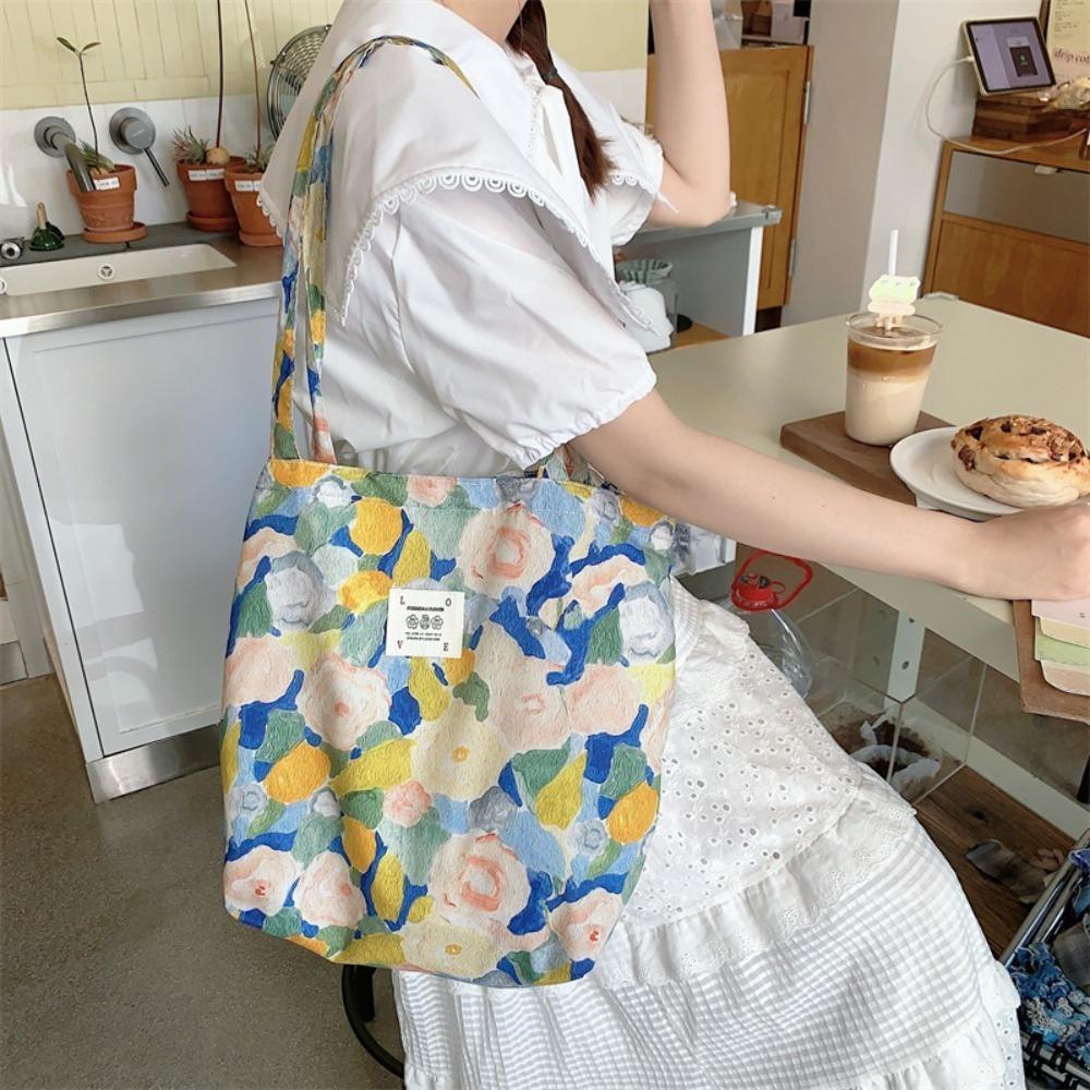 Túi đeo vai hoa cổ điển CHEESELY, vải cotton, dung tích lớn, túi xách/tote/mua sắm dành cho nữ