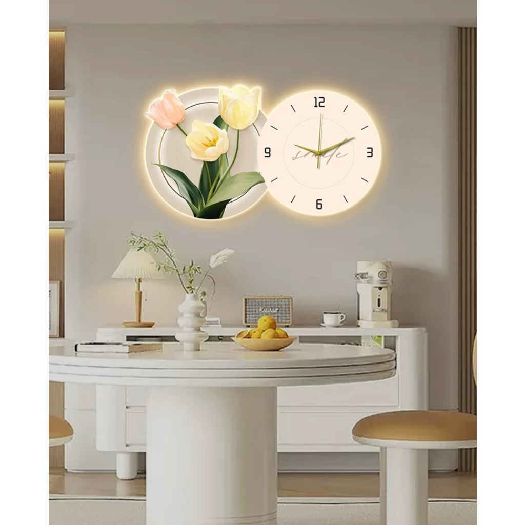 Tranh Đồng Hồ 3D LED Hoa Tulips Treo Phòng Khách, Phòng Phủ, Quán cafe, Nhà Trẻ, Quà Tặng Người Thân