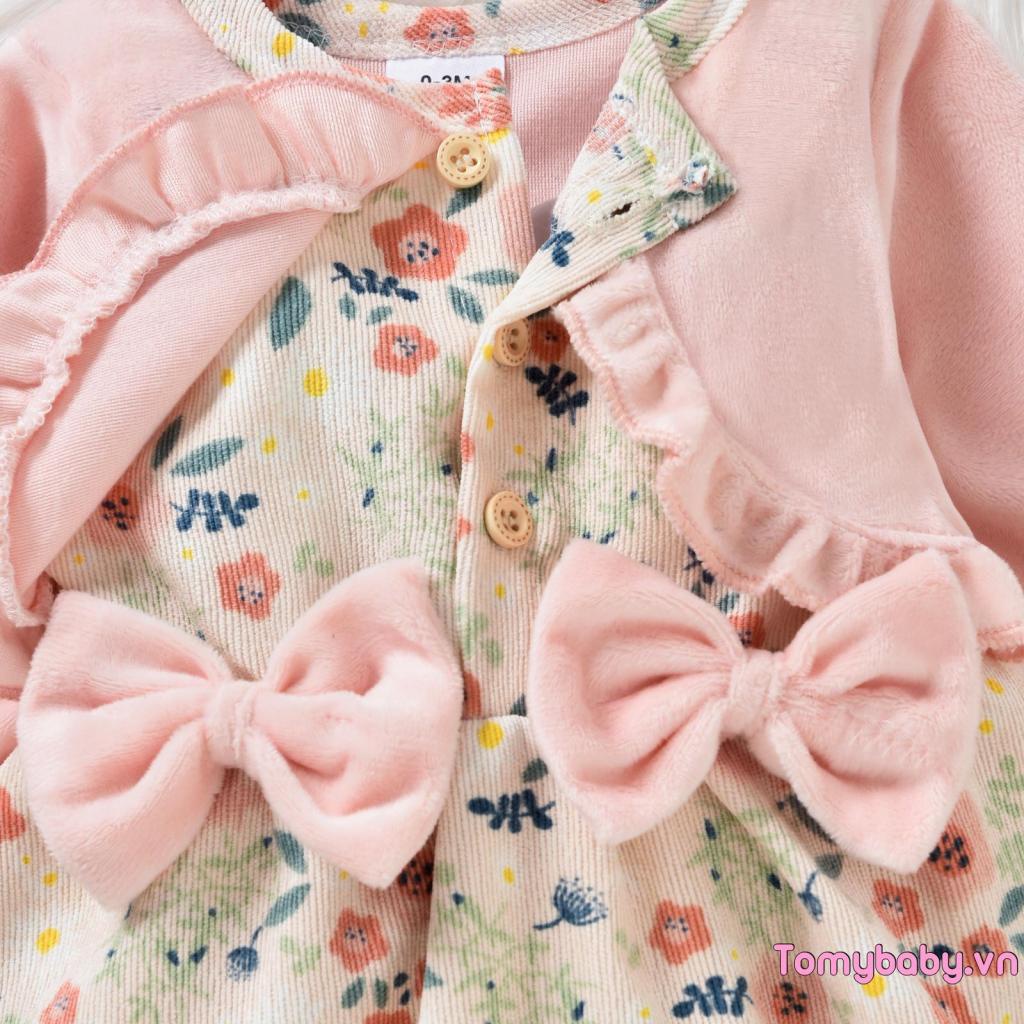 Bé Gái Áo Liền Quần Thường Ngày Trang Phục Dài Tay In Hoa Chắp Vá Đầm Jumpsuit + Nơ Trang Trí Băng Đô Bộ