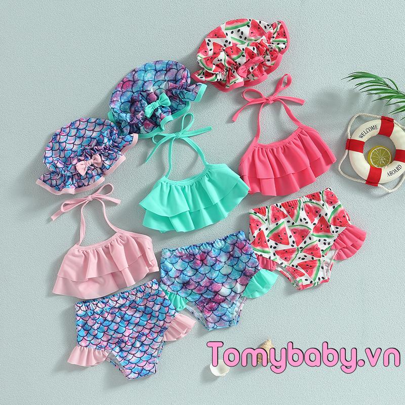 Bộ Đồ Bơi Gồm Áo Không Tay + Quần Ngắn + Mũ Thời Trang Đi Biển Cho Bé Gái