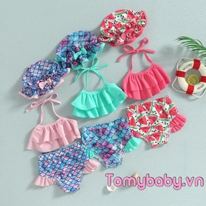Bộ Đồ Bơi Gồm Áo Không Tay + Quần Ngắn + Mũ Thời Trang Đi Biển Cho Bé Gái