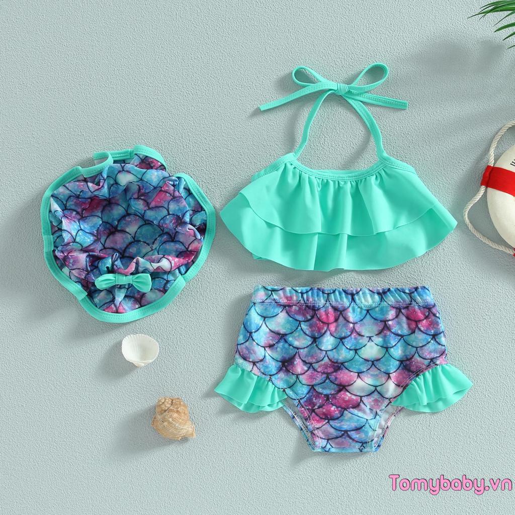 Bộ Đồ Bơi Gồm Áo Không Tay + Quần Ngắn + Mũ Thời Trang Đi Biển Cho Bé Gái