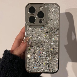 Ốp Điện Thoại Dẻo Mạ Điện Đính Nơ Sang Trọng Cho iPhone15 14 13 12 11 Pro Max