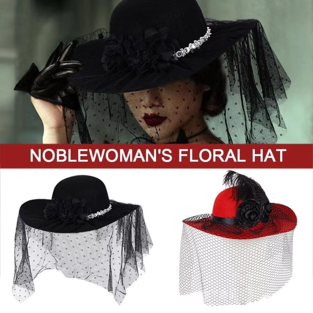 Mũ lưới Sombrero MERIGGIARE, Vintage với mũ che mặt hoa, Tiệc trà Cocktail Fedoras nỉ
