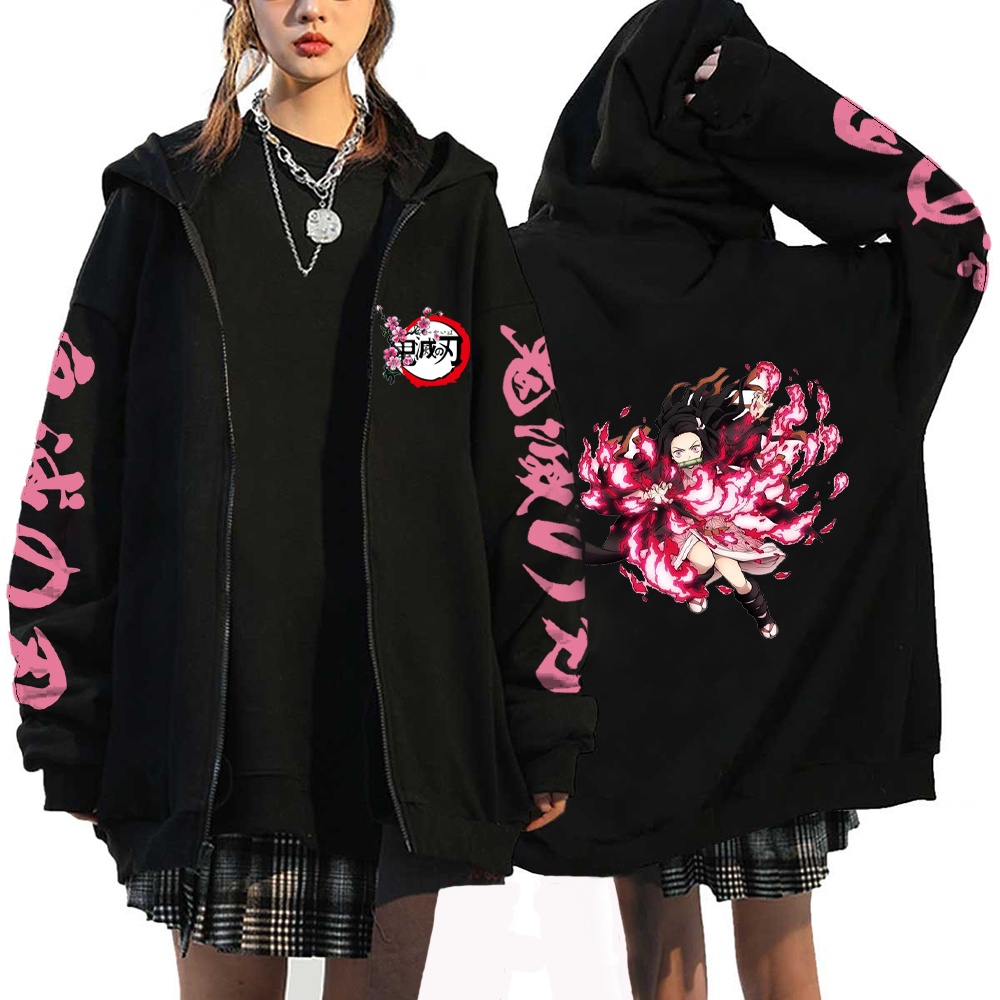 Áo Khoác Hoodie Chui Đầu Có Khóa Kéo In Hình demon slayer Nhật Bản kamado nezuko plus size Cho Nữ Thời Trang