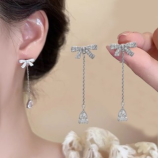 Bông Tai Dáng Dài Đính Nơ Phối Tua Rua Phong Cách Pháp Thời Trang Cao Cấp