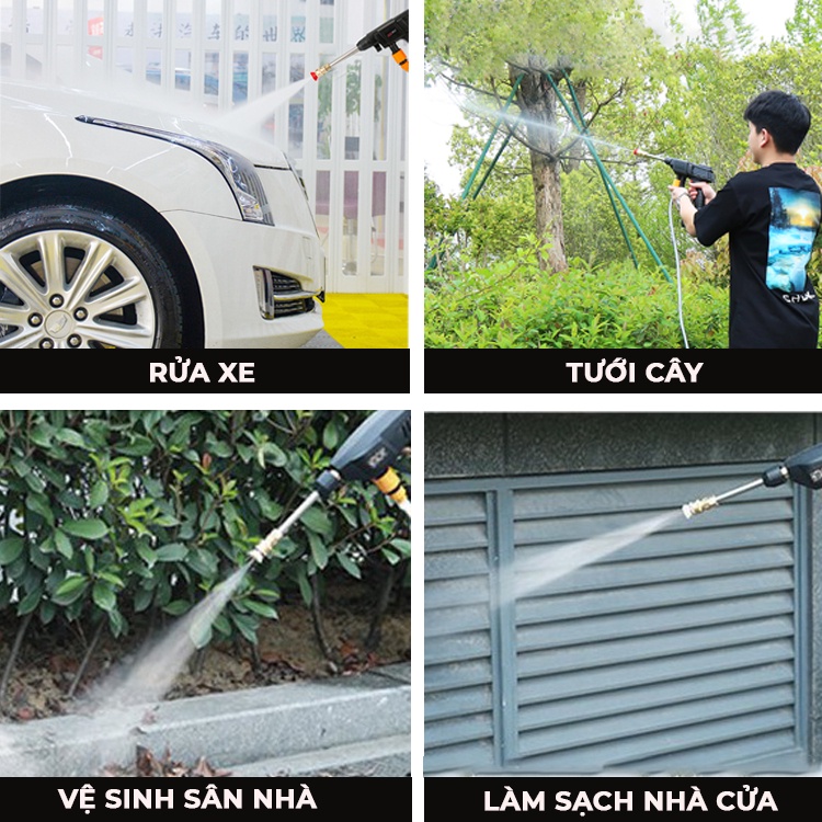 Máy rửa xe Cầm Tay  2 Pin 10 Cell Hitachi 199V - Máy xịt rửa sân vườn xịt rửa cao áp có tạo bọt tuyết.