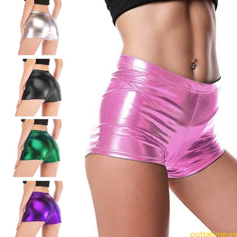 Quần Short Da PU Lưng Thun Màu Trơn Ánh Kim Lấp Lánh Cho Nữ