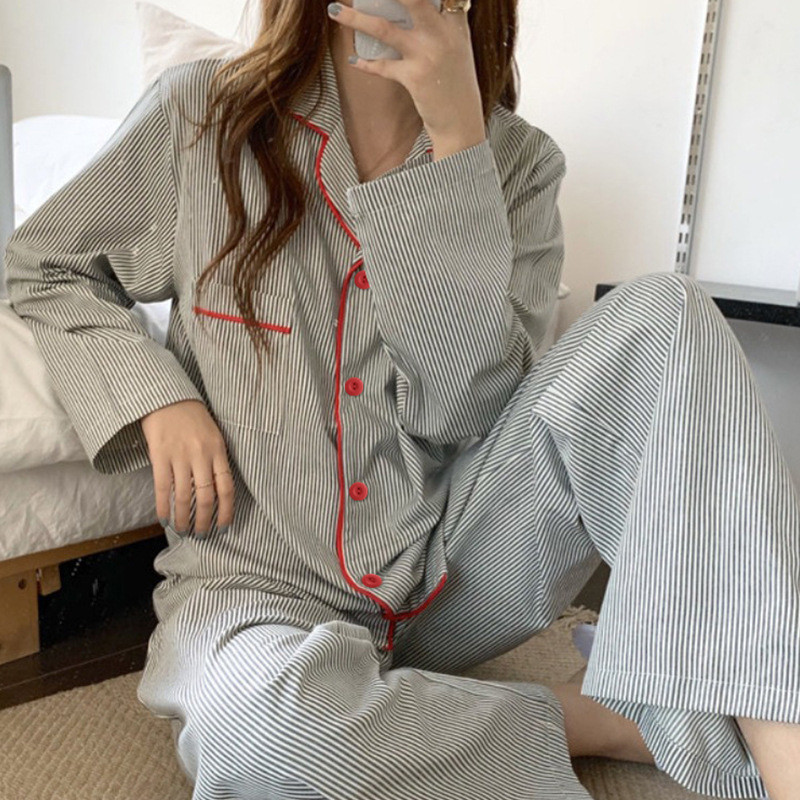 Phong Cách Mới ins Bộ Đồ Ngủ Nữ Sọc Đơn Giản Influencer Dài Tay Cardigan Cô Gái Phiên Bản Hàn Quốc Mỏng Phong Cách Homewear Phù Hợp Với