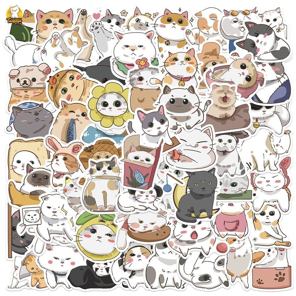 Set 50 cái sticker chống nước MỒN LÈO MÈO GIÁ TẠO DỄ THƯƠNG CUTE dán mũ ...