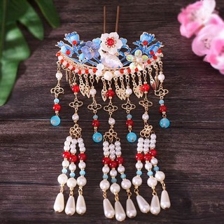 Phụ kiện Hanfu phong cách cổ điển, vương miện xanh cháy đa năng, kẹp tóc ngọc trai tua dài, kẹp tóc Jinglan 2.11 5QO7