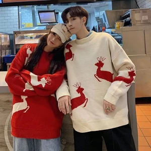 Áo sweater Cổ Tròn Dáng Rộng In Hình Tuần Lộc Giáng Sinh Thời Trang Thu Đông Cho Các Cặp Đôi