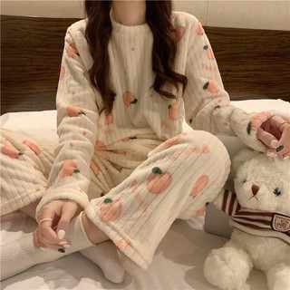 2025 Thu Đông Phong Cách Mới San Hô Lông Cừu Flannel Ấm Áp Homewear Dễ Thương Bộ Đồ Ngủ Thời Trang Rời Phù Hợp Với Nữ