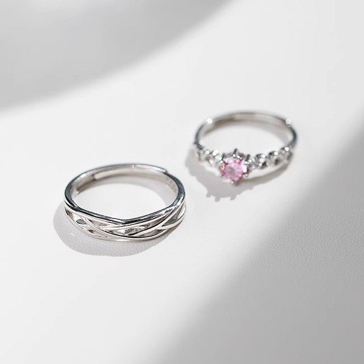 S925 Bạc Cuộn Dây Hồng Kim Cương Cặp Đôi Nhẫn Đơn Giản Mở Đầu Có Thể Điều Chỉnh Nam Nữ Nhẫn Cặp Đôi Quà Tặng Ngày Lễ Tình Nhân
