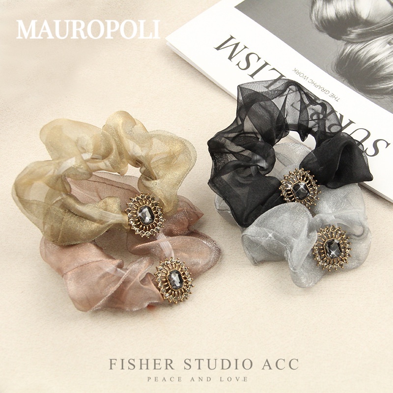 Mauropoli [Sẵn sàng] Dây buộc tóc kim cương giả kiểu Pháp cổ điển, dây cao su nữ phong cách Hàn Quốc, buộc đuôi ngựa, phụ kiện tóc